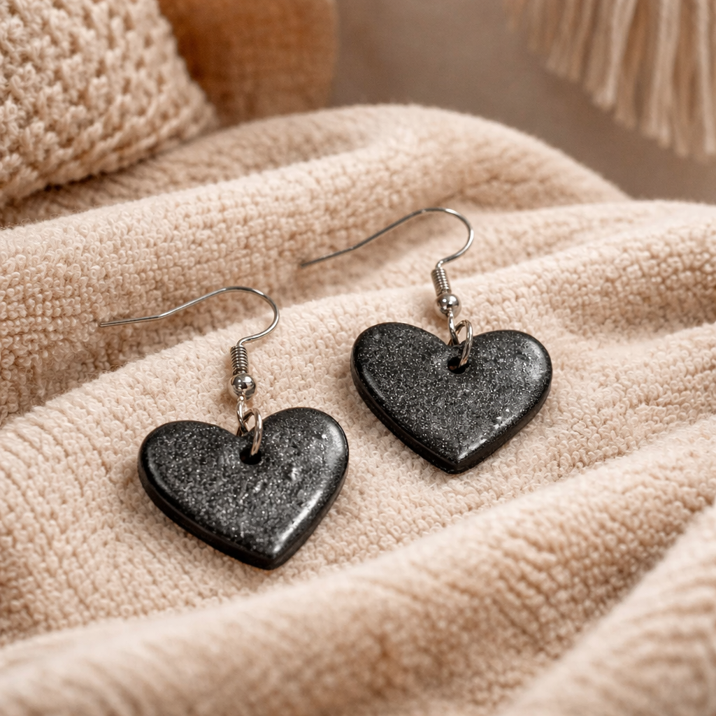 Black glitter heart dangle earrings with silver hooks on beige fabric