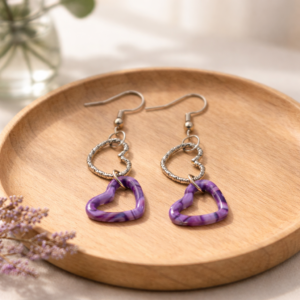 Purple marbled heart dangle earrings with textured silver heart links