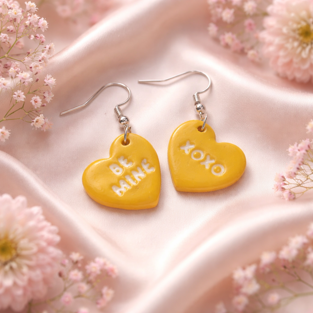 Yellow heart dangle earrings with white xoxo and be mine text