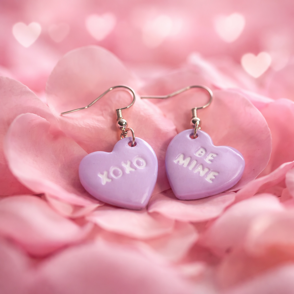 Lavender candy heart dangle earrings reading XOXO and BE MINE