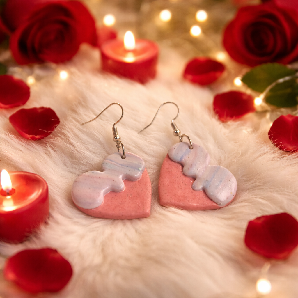 Pink heart dangle earrings with pastel marbled Mickey Mouse silhouette tops