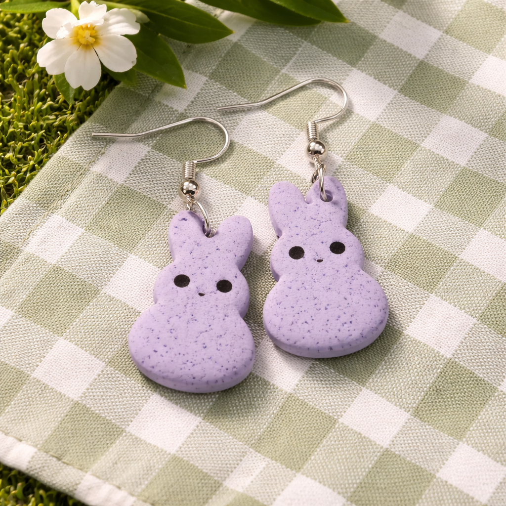 Lavender speckled bunny dangle earrings with black face details