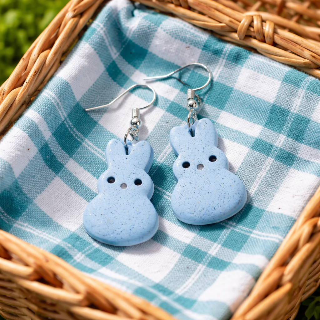 Light blue speckled bunny dangle earrings with silver hooks on gingham cloth