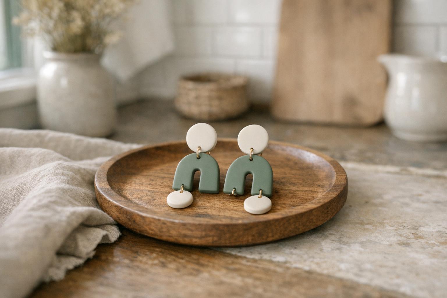 Blog Featured Image 100772 Neutral cream and sage polymer clay dangle earrings on a wooden tray in a cozy farmhouse kitchen setting.