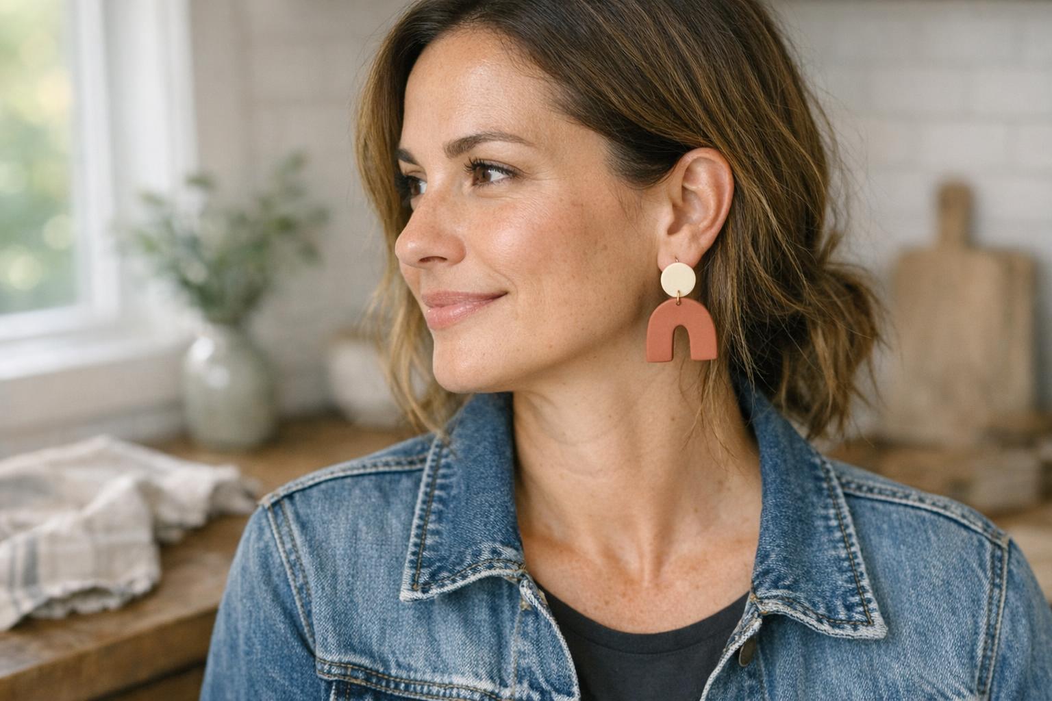 Blog Featured Image 100774 Woman wearing neutral polymer clay dangle earrings in a cozy farmhouse kitchen