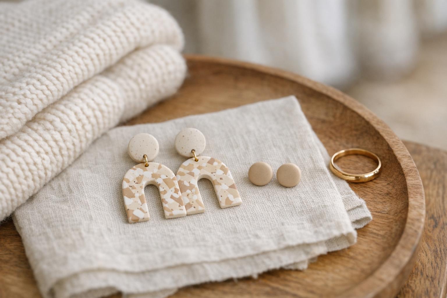Blog Featured Image 100776 Handmade polymer clay statement earrings and neutral studs styled on linen next to a sweater and simple jewelry.