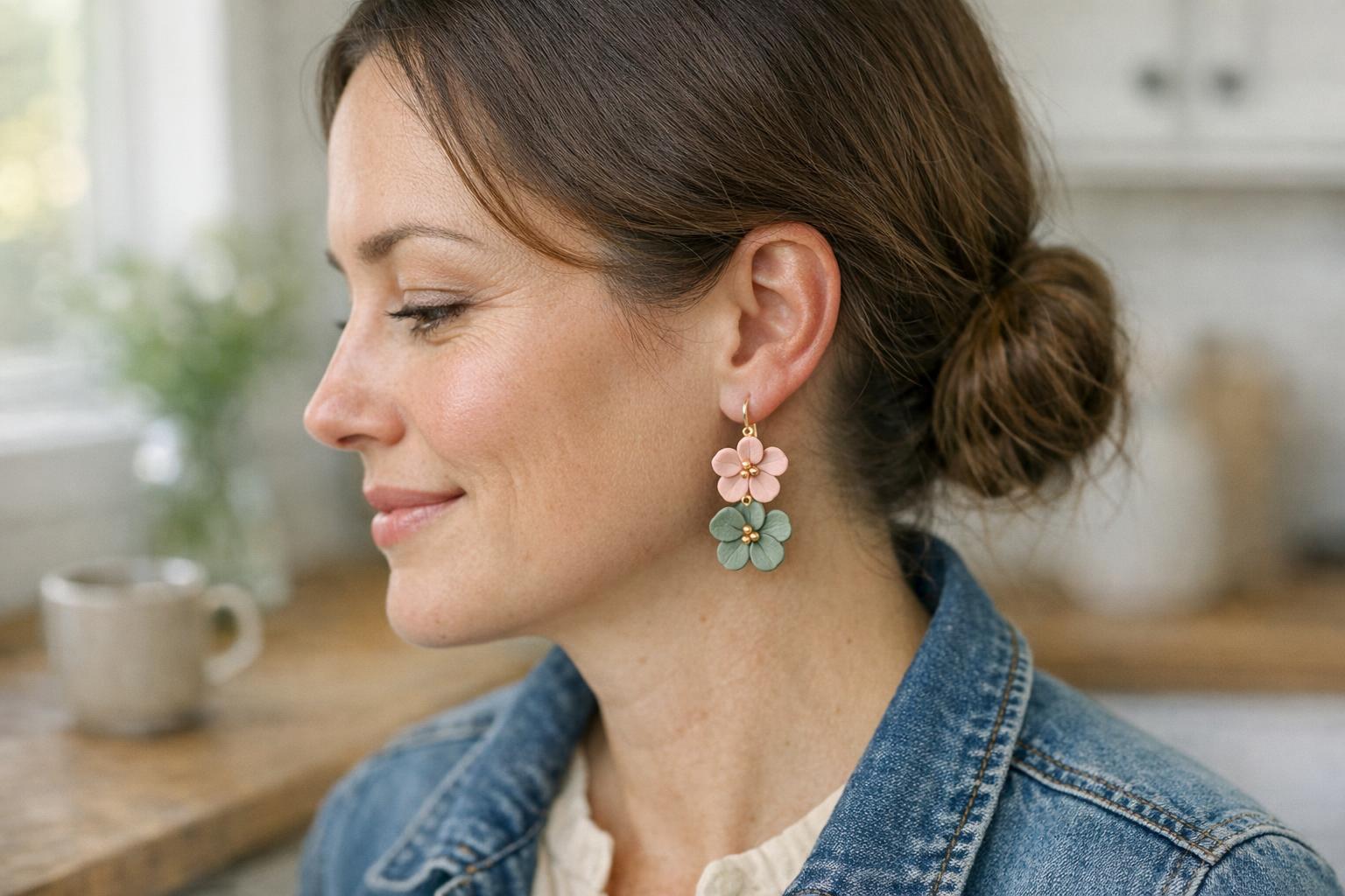 Blog Featured Image 100779 Woman in a farmhouse kitchen wearing blush and sage floral polymer clay dangle earrings with a denim jacket.