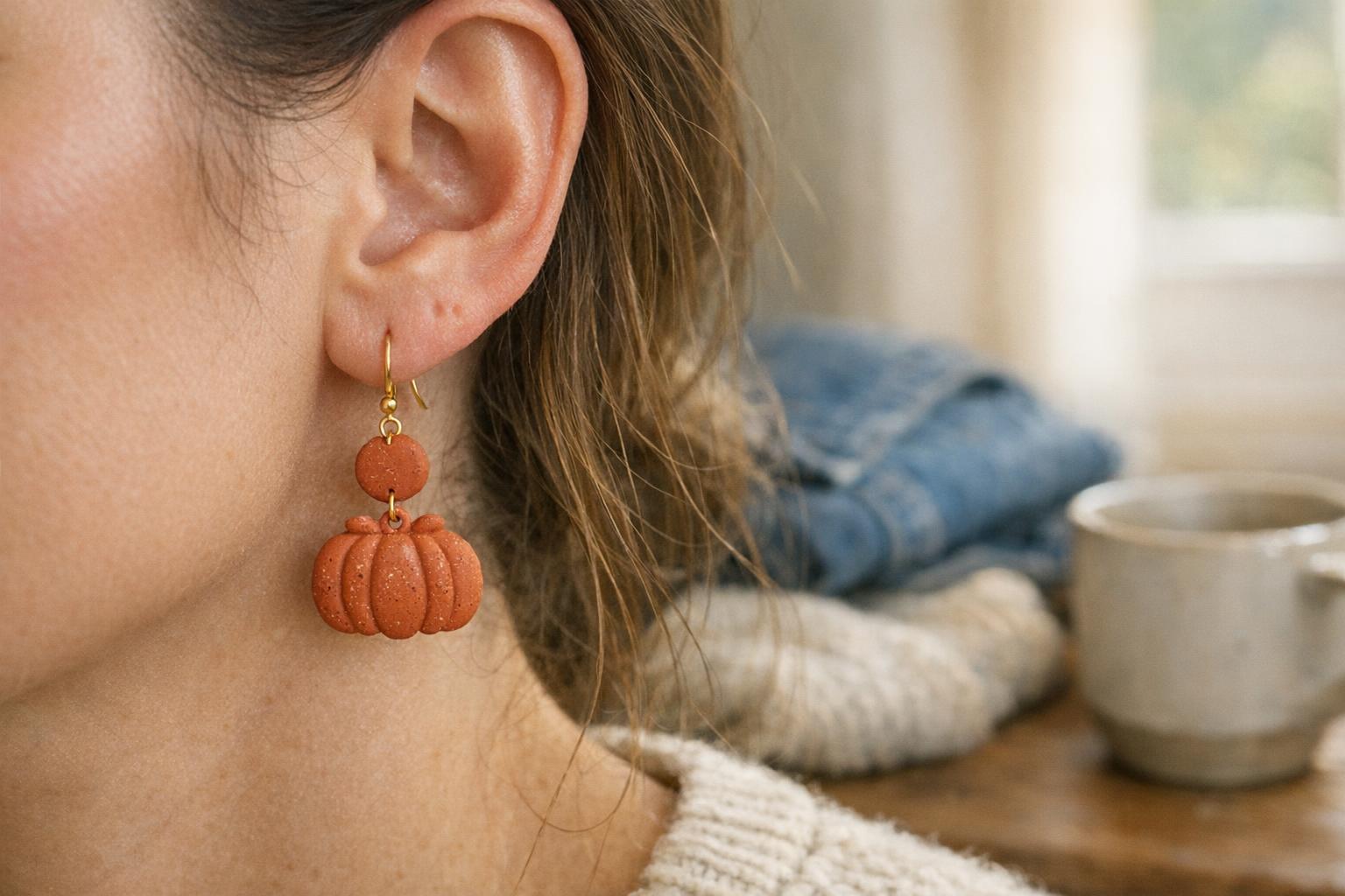 Blog Featured Image 100782 Matte terracotta teardrop polymer clay dangle earrings styled with denim and a cream sweater on a wooden table.