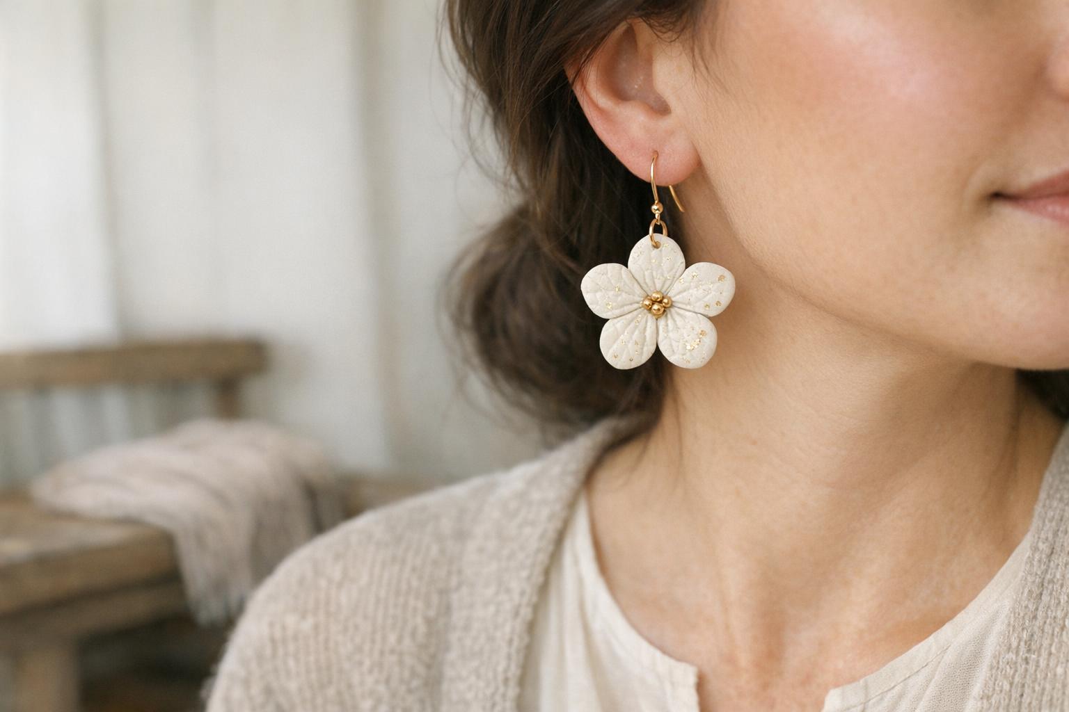 Blog Featured Image 100785 Close-up of textured teardrop polymer clay dangle earrings in warm ivory with subtle gold flecks, styled for a modest church outfit.