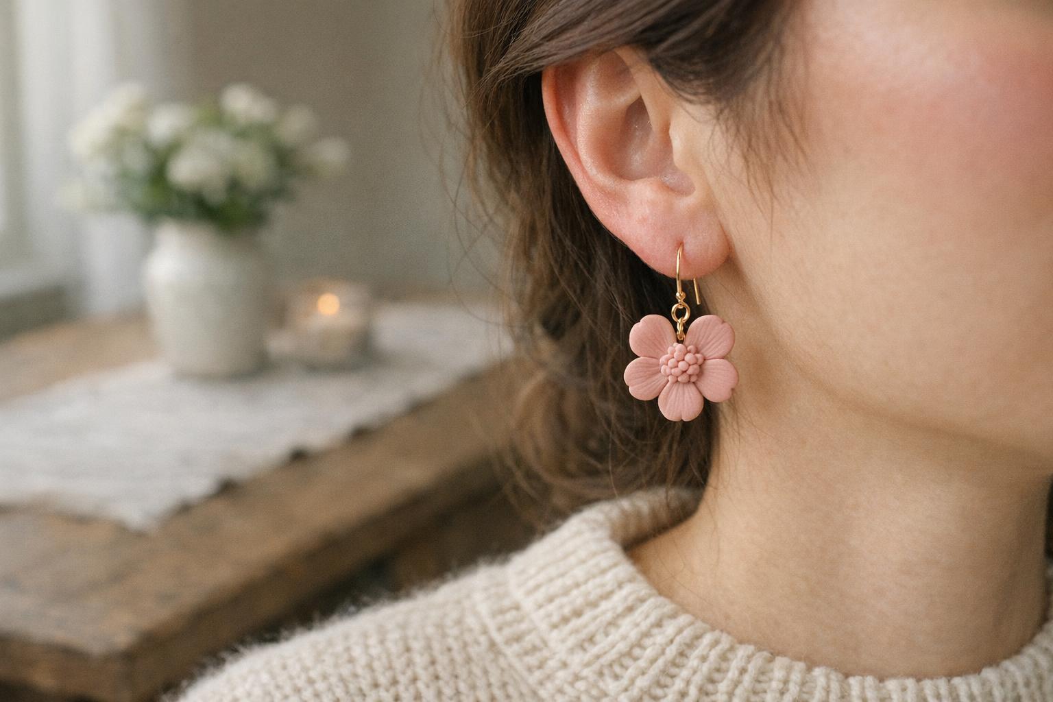 Blog Featured Image 100787 Matte blush pink polymer clay teardrop earrings worn with a cream high-neck sweater in a cozy farmhouse setting.