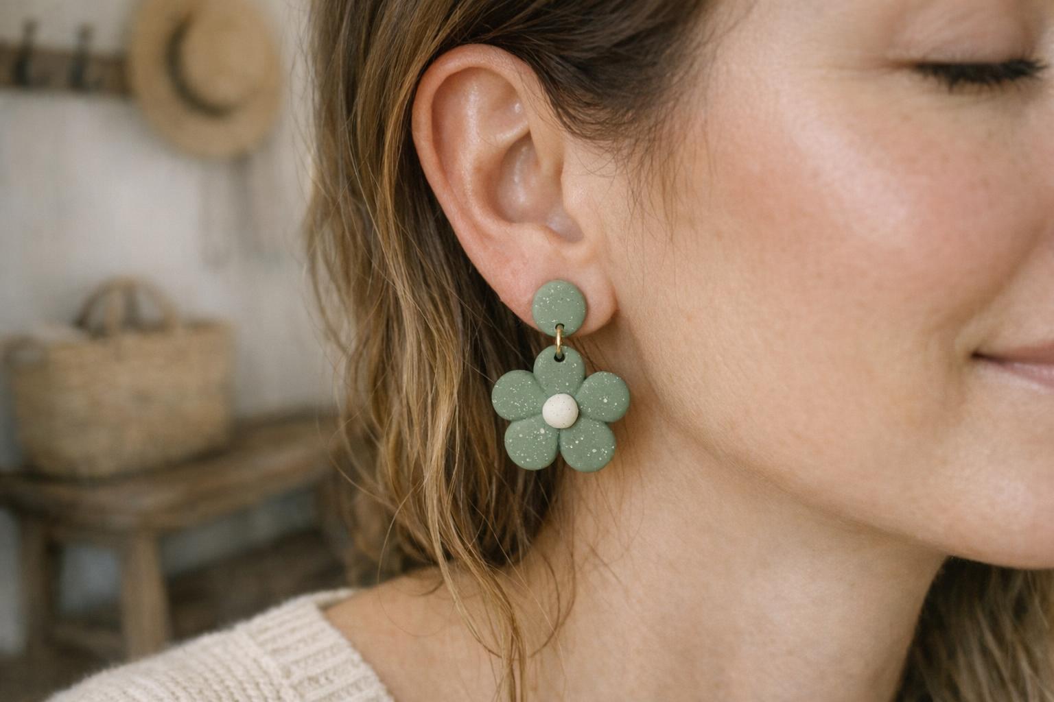 Blog Featured Image 100789 Sage green teardrop polymer clay dangle earrings worn with a cream knit top in a cozy farmhouse setting.