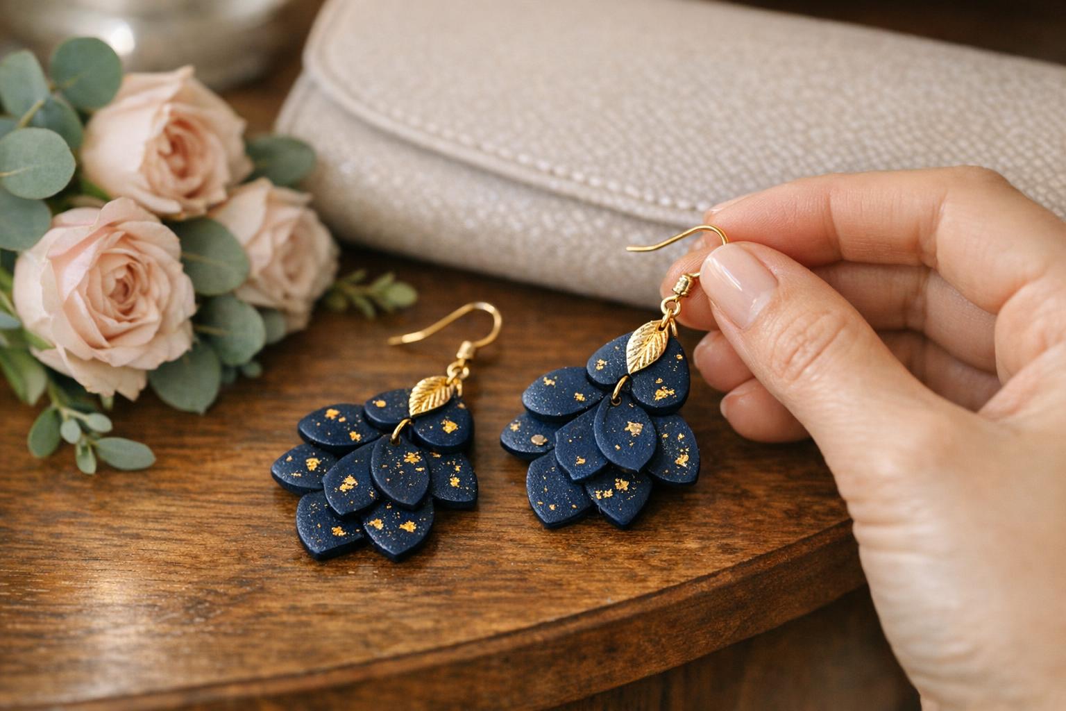 Deep navy polymer clay teardrop dangle earrings with subtle gold flecks styled for a wedding guest outfit.