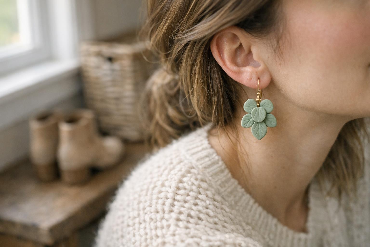 Blog Featured Image 100793 Woman in jeans and a cream sweater wearing sage green leaf-shaped polymer clay dangle earrings in a cozy farmhouse entryway.