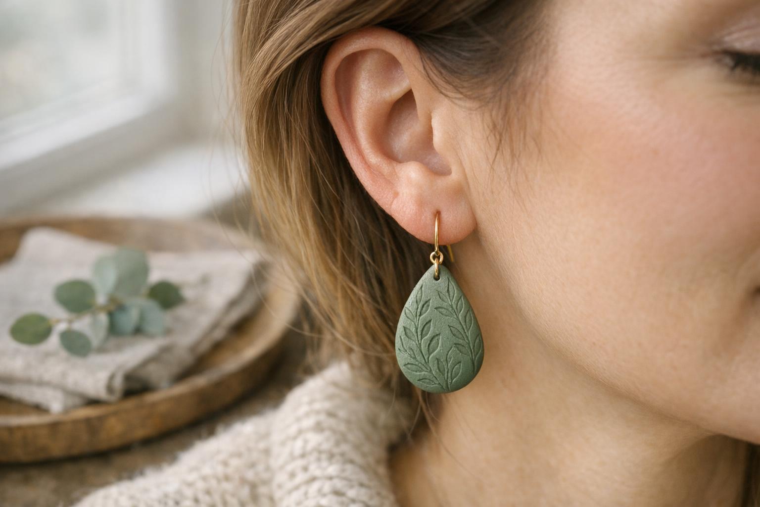 Muted sage green teardrop polymer clay dangle earrings worn with a neutral sweater in a cozy home setting.