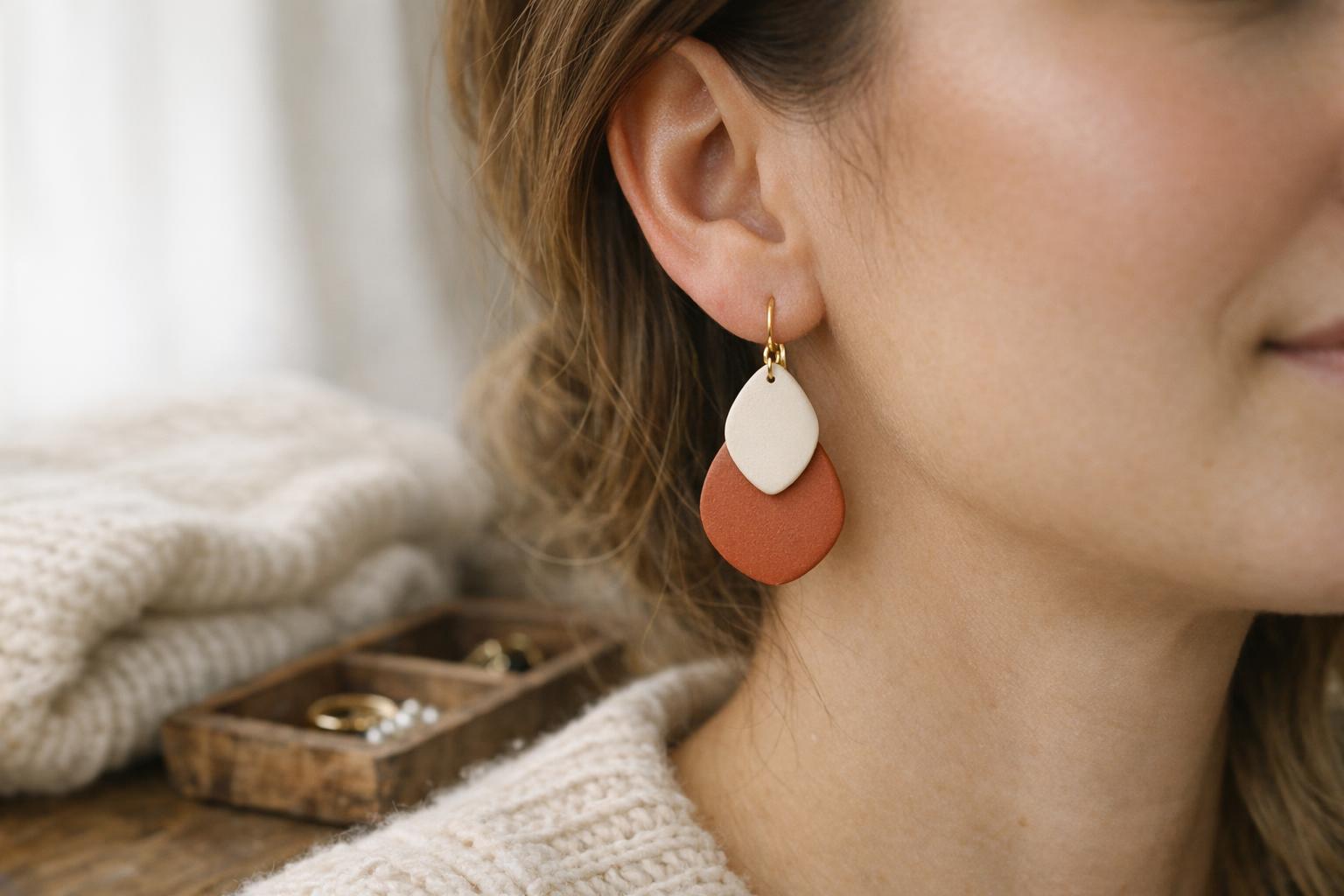 Layered teardrop polymer clay earrings in ivory and terracotta styled with a cozy neutral outfit.