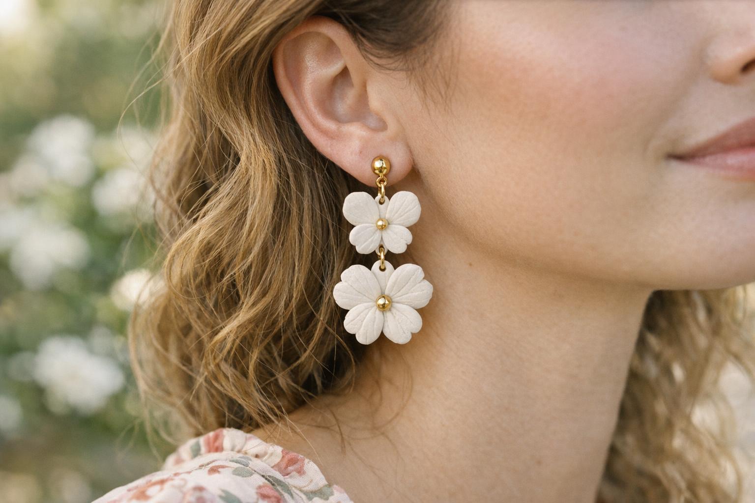 Blog Featured Image 100799 Ivory textured teardrop polymer clay earrings with gold findings styled for a spring wedding.