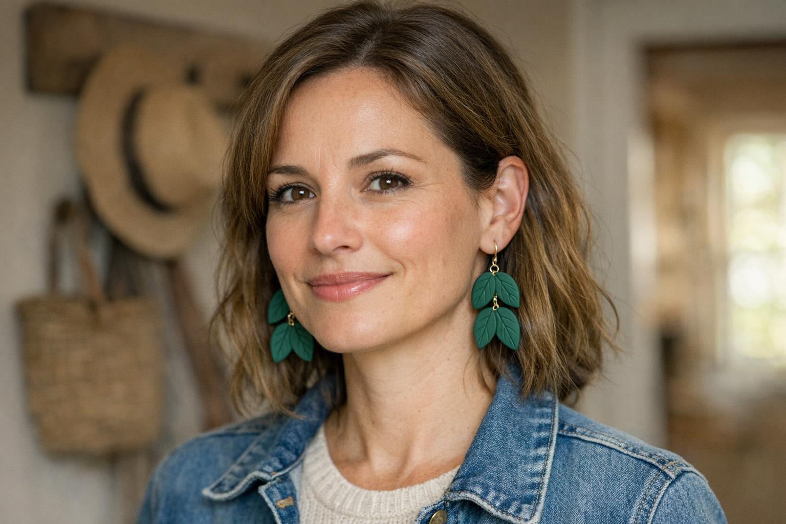 Woman wearing matte emerald green botanical leaf polymer clay dangle earrings with a cream knit top and denim jacket.
