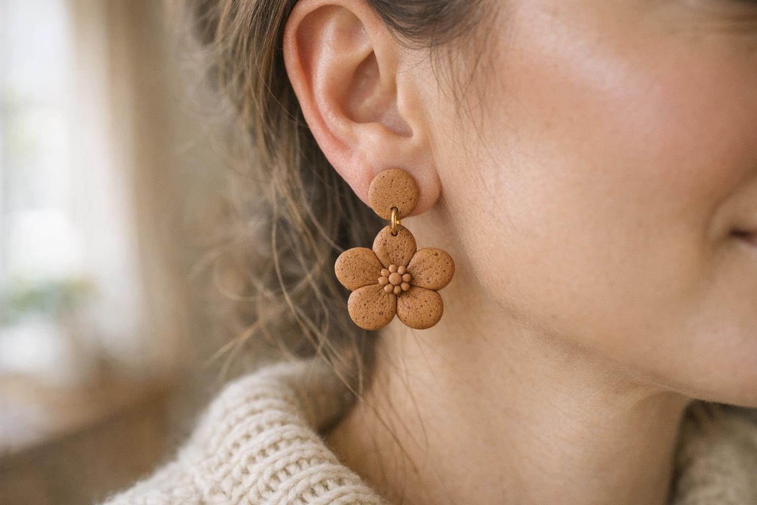 Blog Featured Image 100809 Woman wearing warm tan textured teardrop polymer clay dangle earrings with a cream sweater in soft natural light