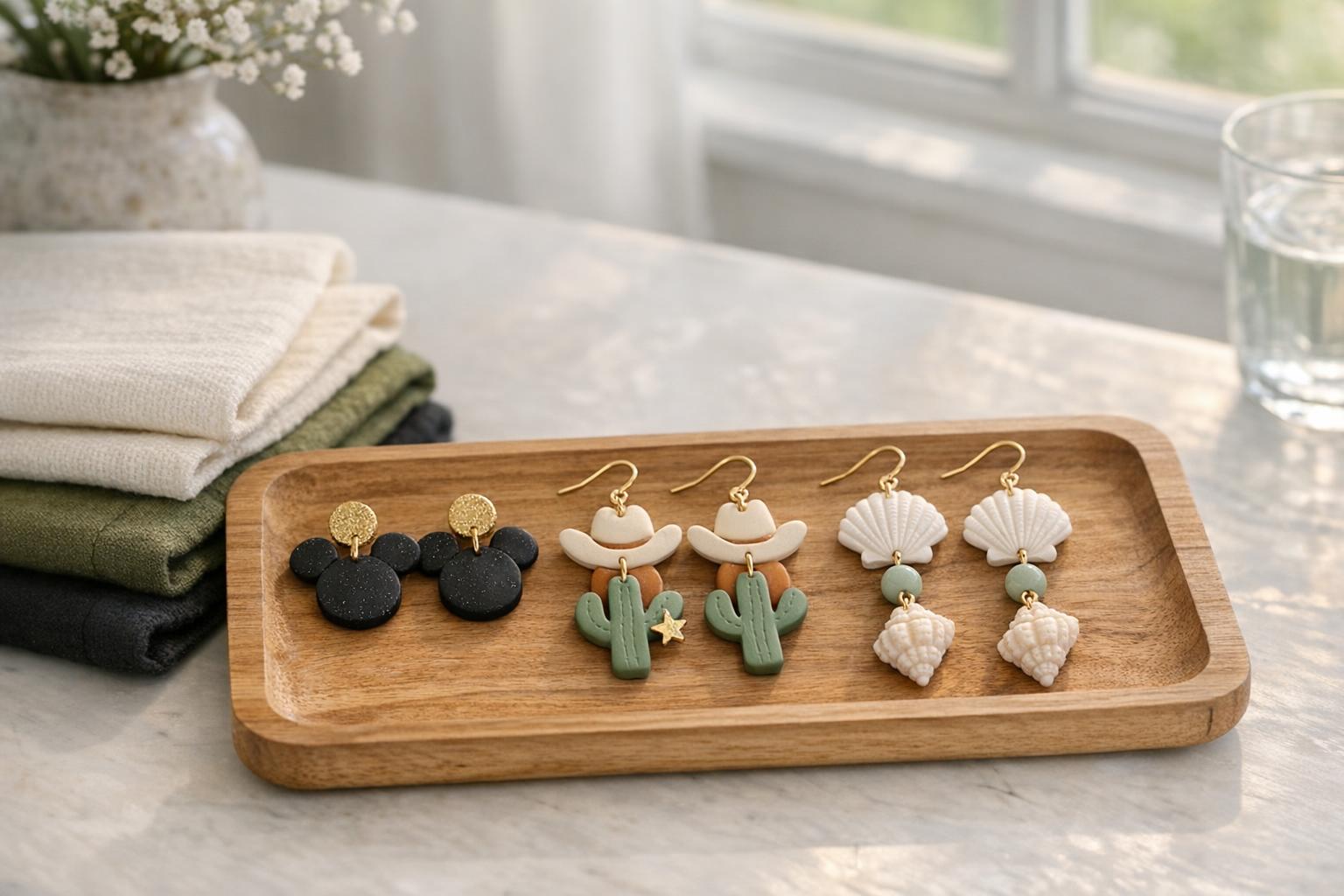 Three pairs of polymer clay earrings in black, terracotta, and sage arranged on a wooden tray with neutral fabric swatches.