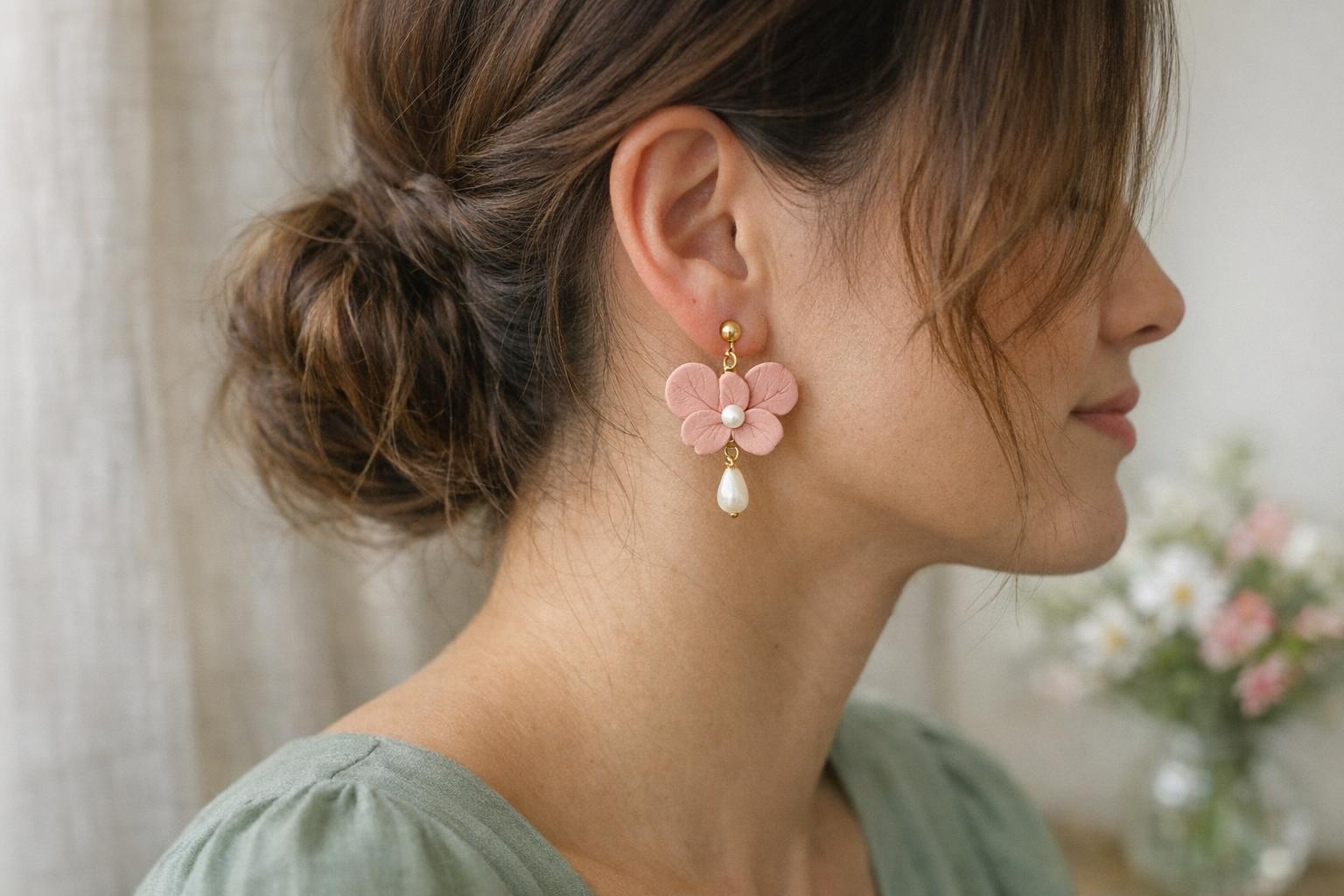 Blush teardrop polymer clay earrings with pearl detail styled for a spring wedding guest outfit.
