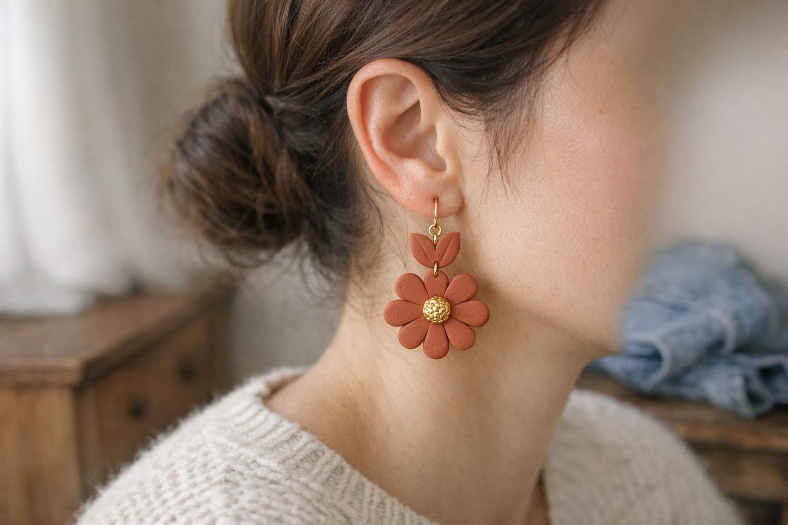 Woman wearing matte terracotta teardrop polymer clay dangle earrings with a cream sweater in a cozy farmhouse setting.