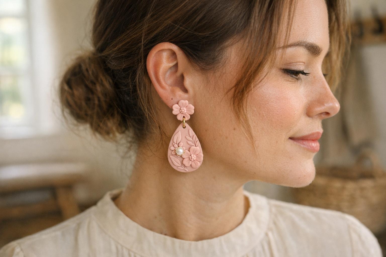 Soft blush teardrop polymer clay dangle earrings with a pearl accent worn with a modest cream blouse.
