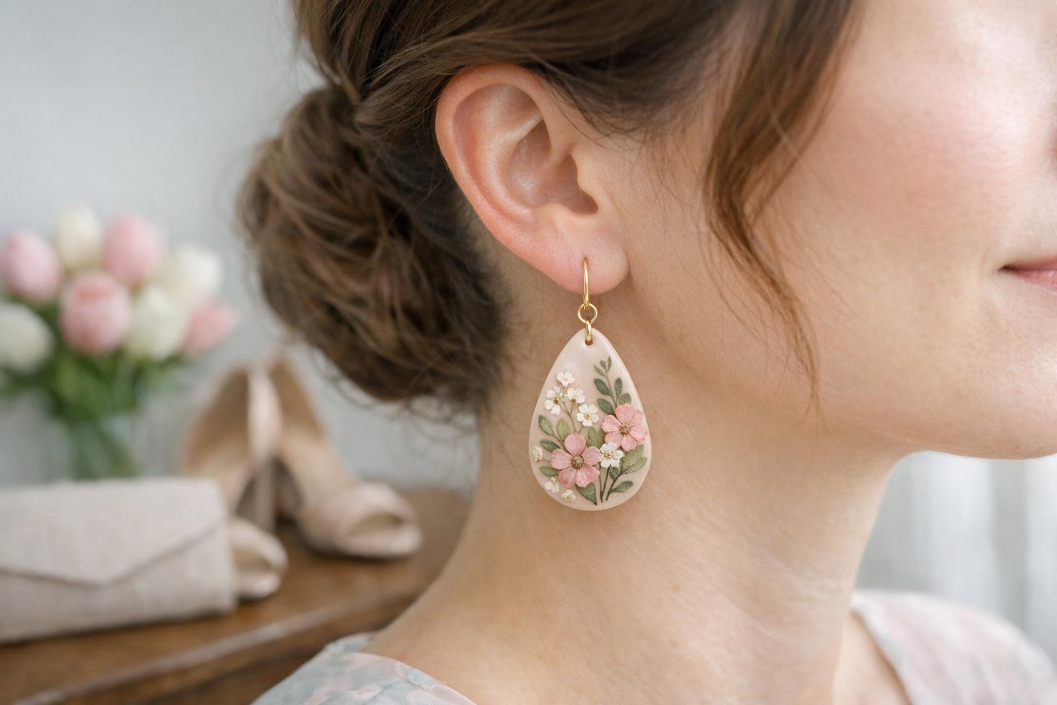 Botanical teardrop polymer clay dangle earrings in blush and sage, styled for a spring wedding guest look.