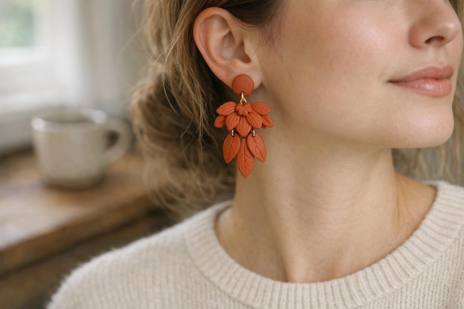Woman wearing terracotta petal-shaped polymer clay statement earrings with a simple cream knit top in a cozy kitchen.