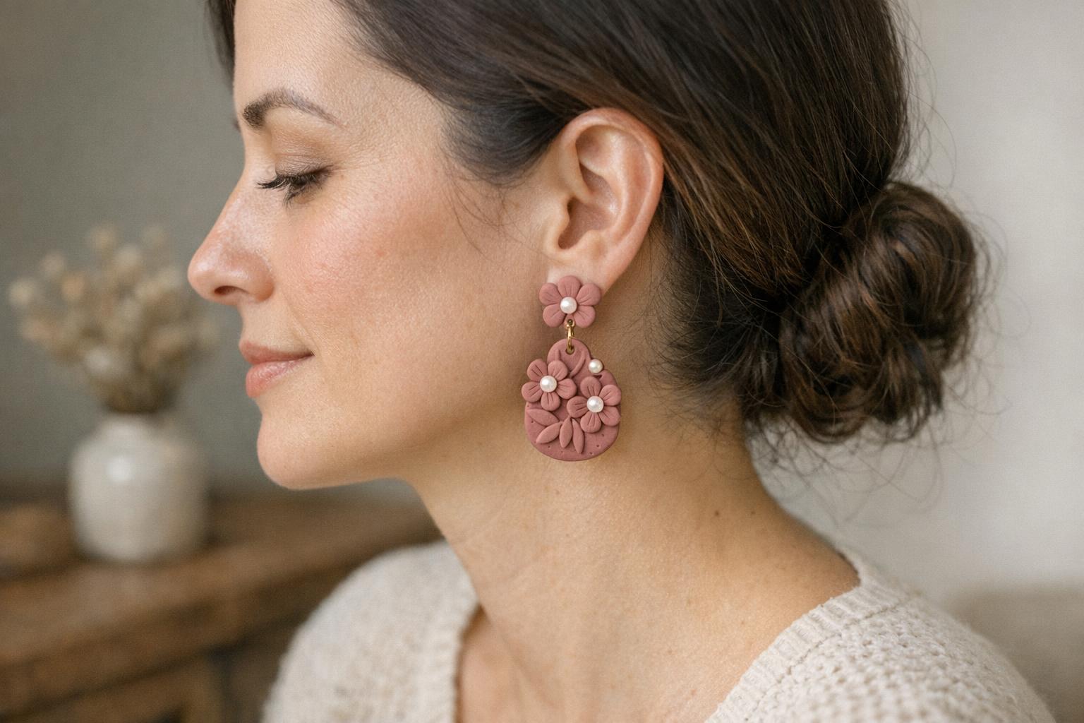 Woman wearing dusty rose teardrop polymer clay statement earrings with a modest cream top.