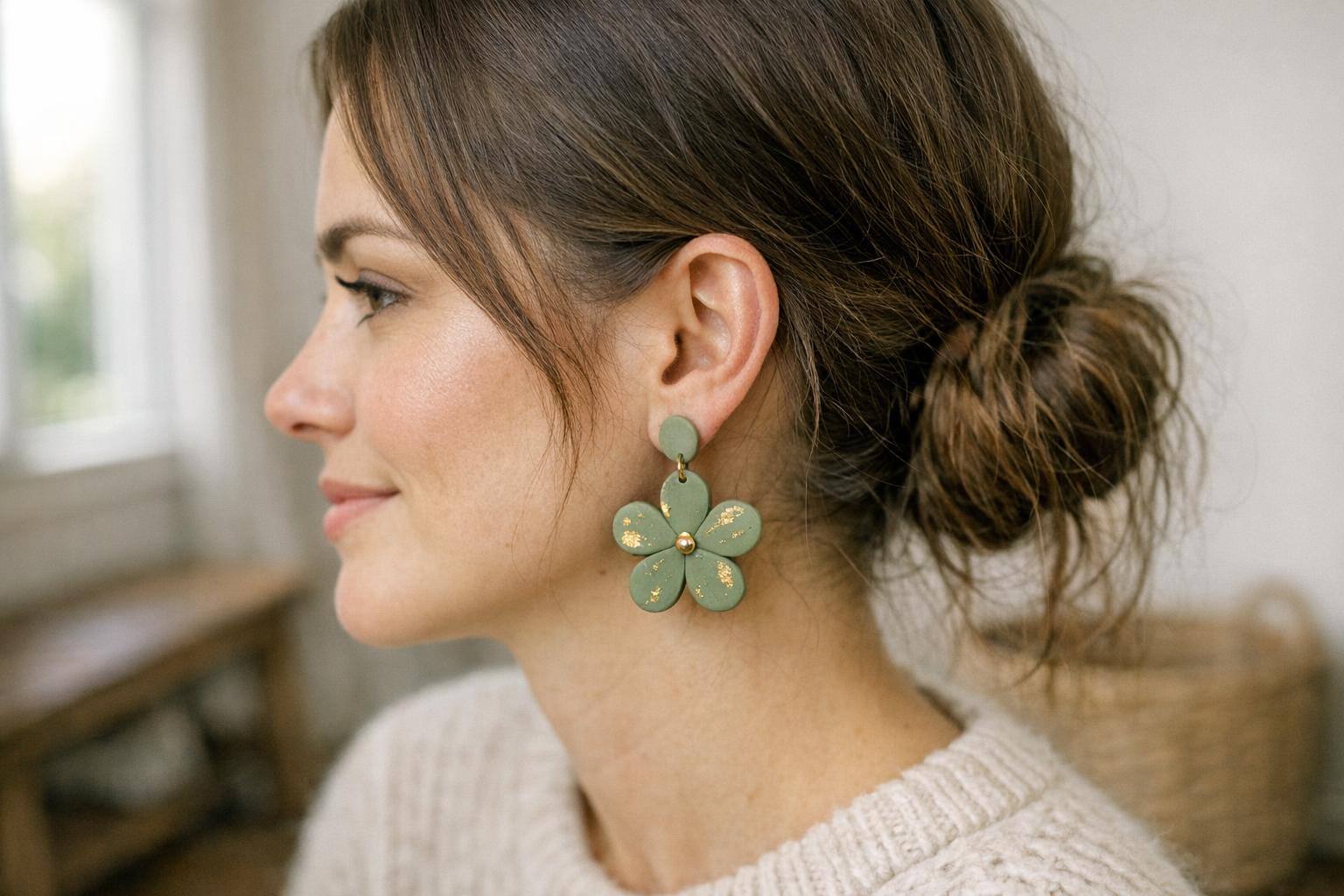 Woman wearing sage green teardrop polymer clay statement earrings with a cream knit sweater in a cozy home setting.