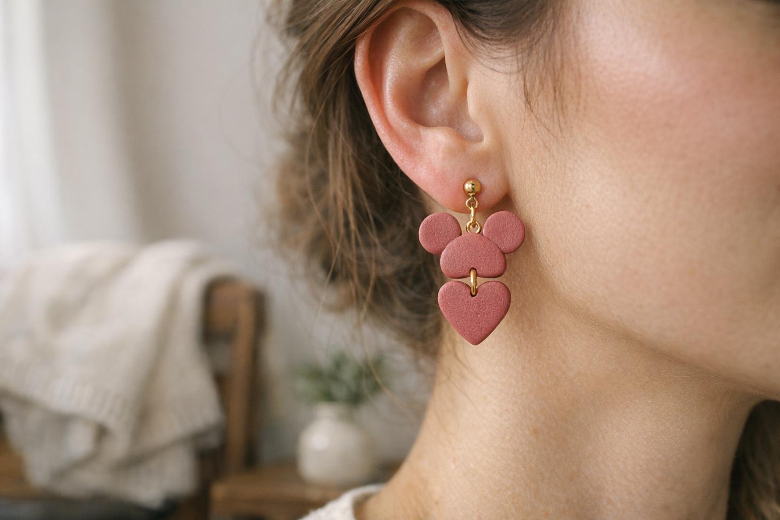 Dusty rose teardrop polymer clay statement earrings styled in a modest, feminine outfit setting.