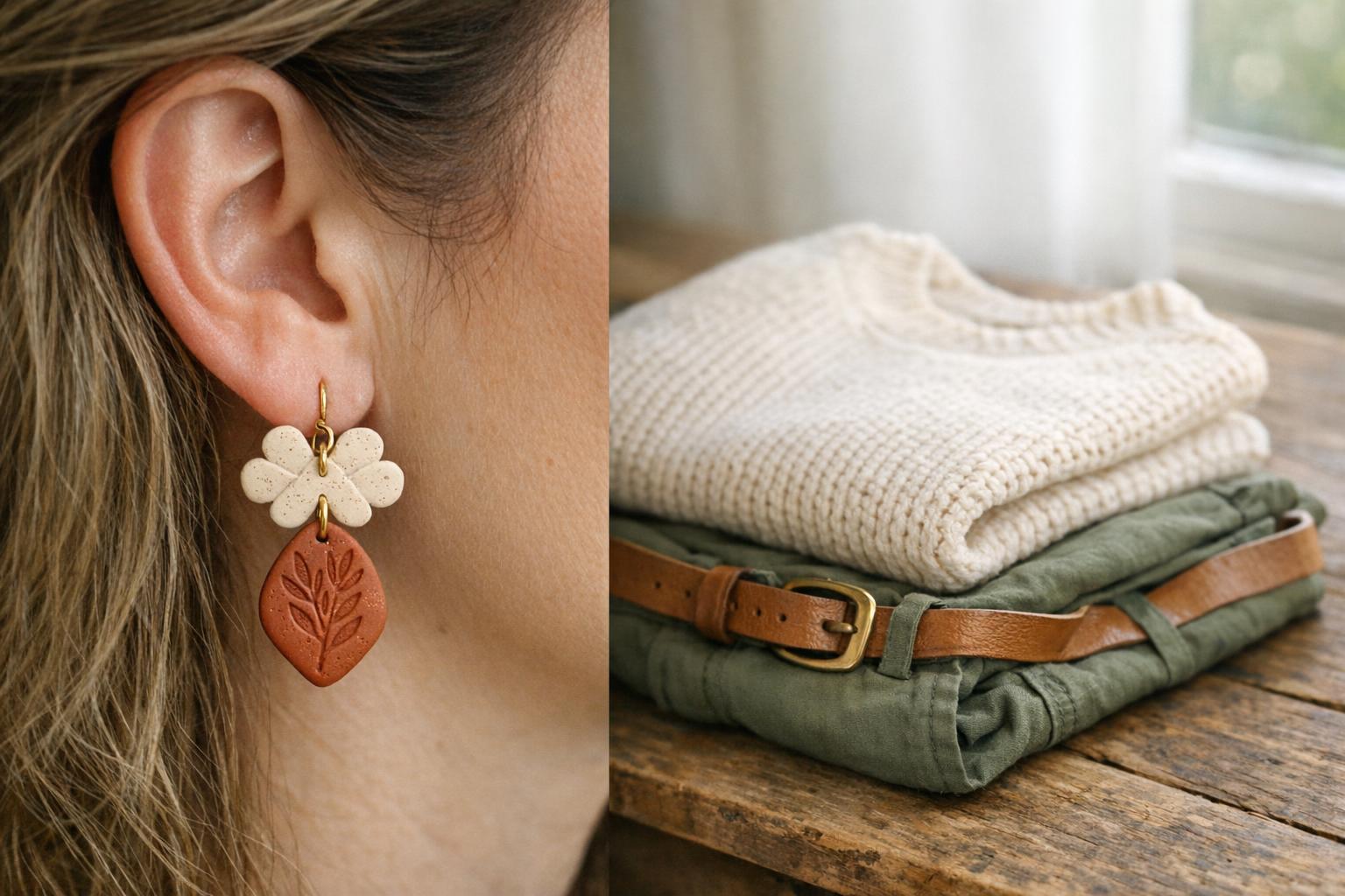 Blog Featured Image 100835 Terracotta and cream polymer clay teardrop earrings styled with a cream sweater and olive pants on a wooden table.