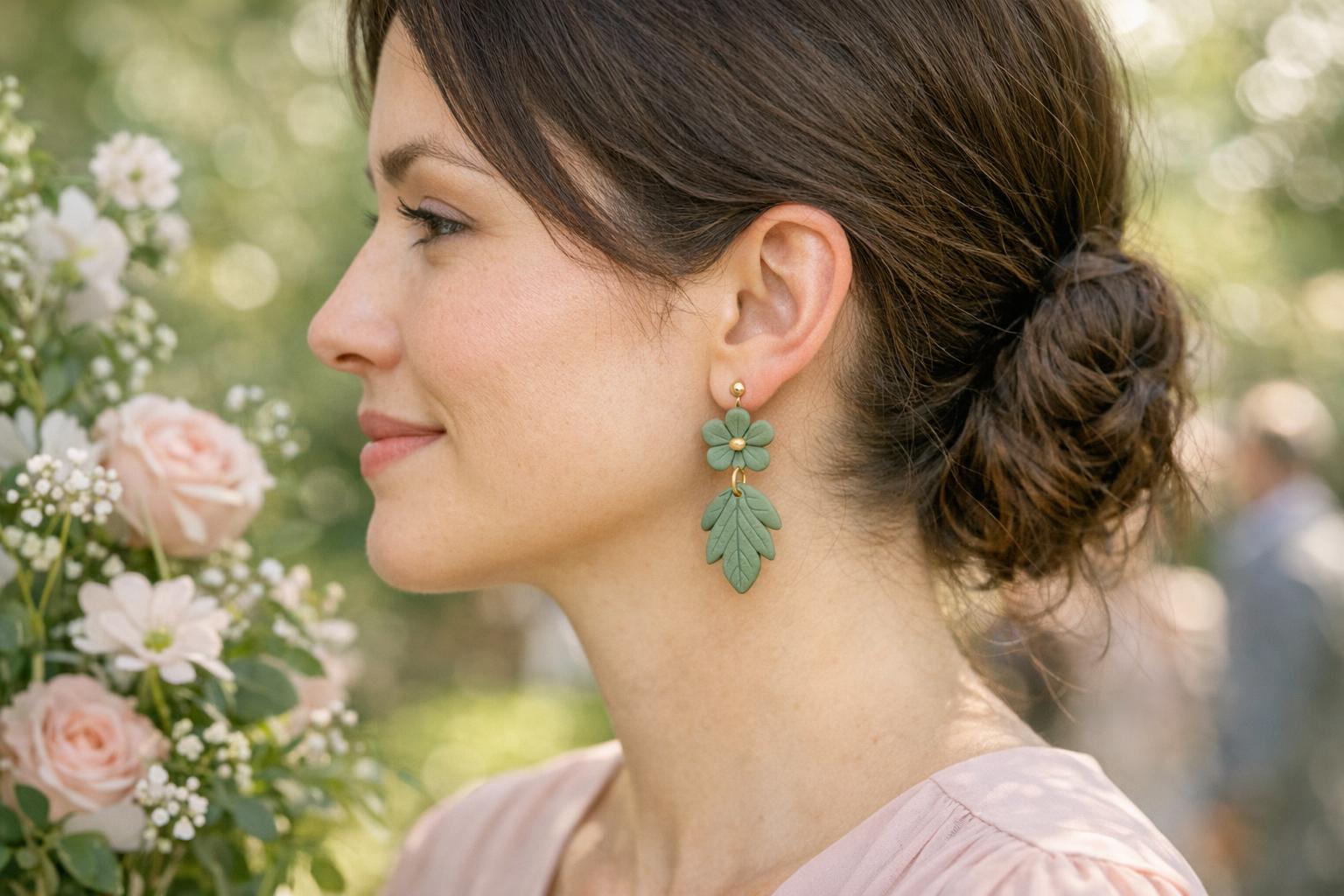 Blog Featured Image 100837 Close-up of sage green leaf-shaped polymer clay dangle earrings with gold findings worn to a spring wedding.