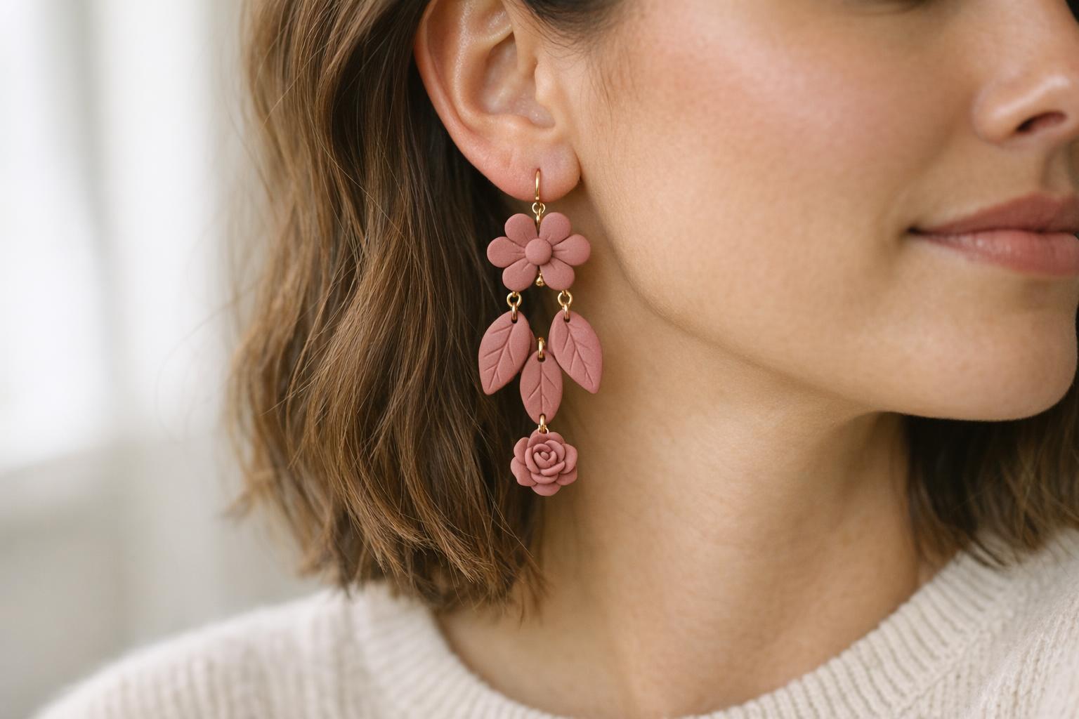 Blog Featured Image 100841 Woman wearing dusty rose teardrop polymer clay statement earrings with a modest cream sweater.