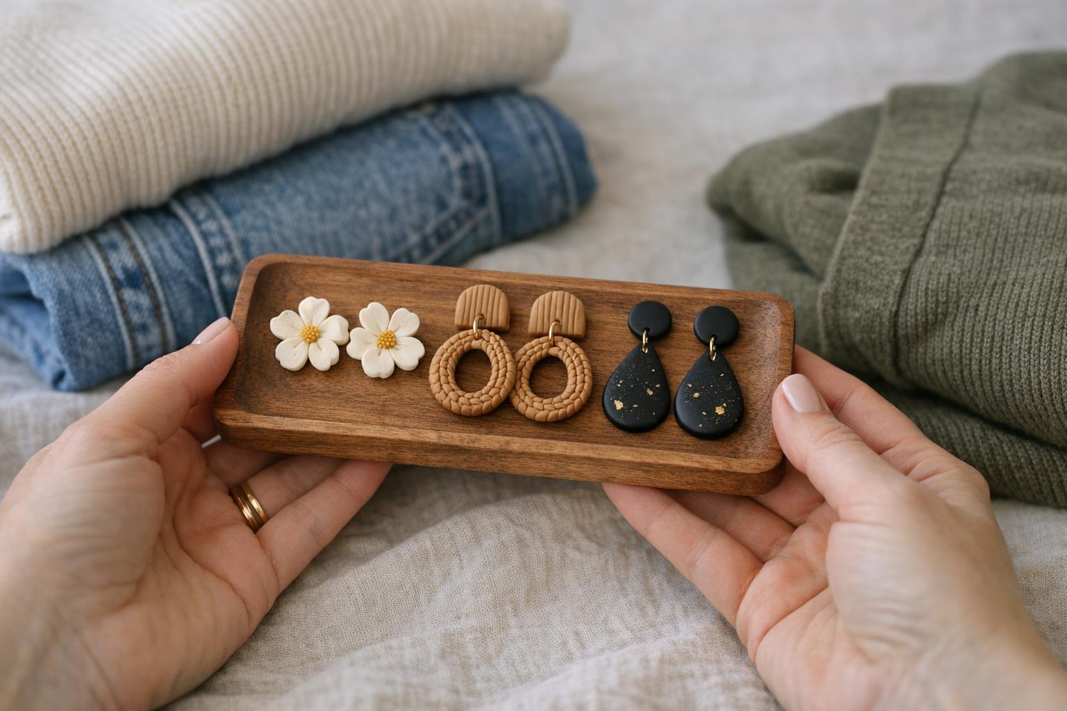 Three pairs of polymer clay earrings on a wooden tray next to cream, denim, and olive outfits for easy color matching.