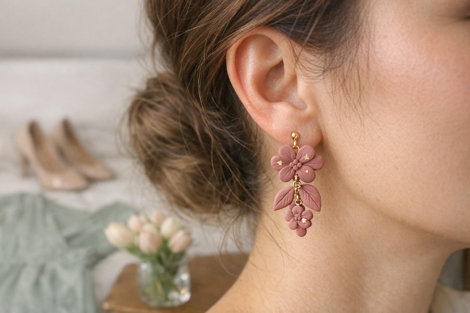 Dusty rose teardrop polymer clay dangle earrings styled for a spring wedding guest outfit.