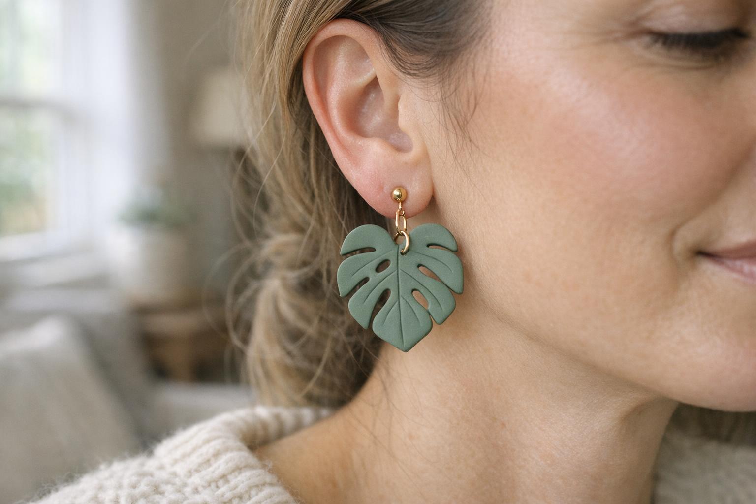 Woman wearing sage green botanical leaf polymer clay dangle earrings with a cream knit sweater in soft natural light.