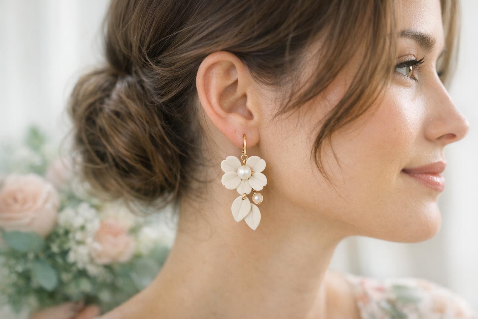 Ivory teardrop polymer clay earrings with pearl accents worn with a spring wedding guest outfit.
