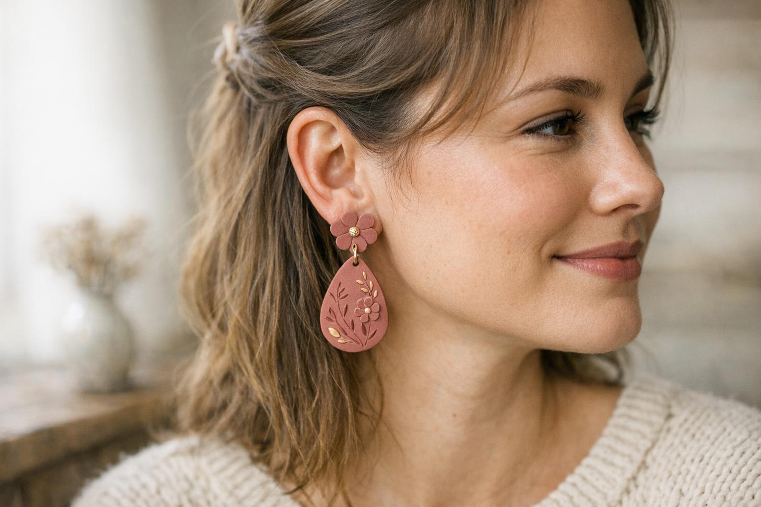 Blog Featured Image 100855 Woman wearing muted dusty rose teardrop polymer clay statement earrings with a modest cream sweater in a cozy farmhouse setting.